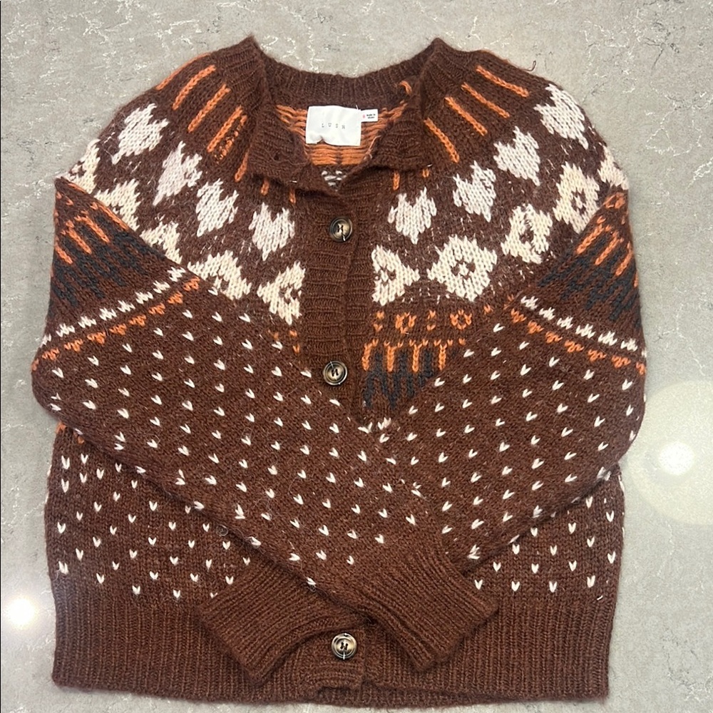 LUSH Brown and White Patterned Cardigan Size S